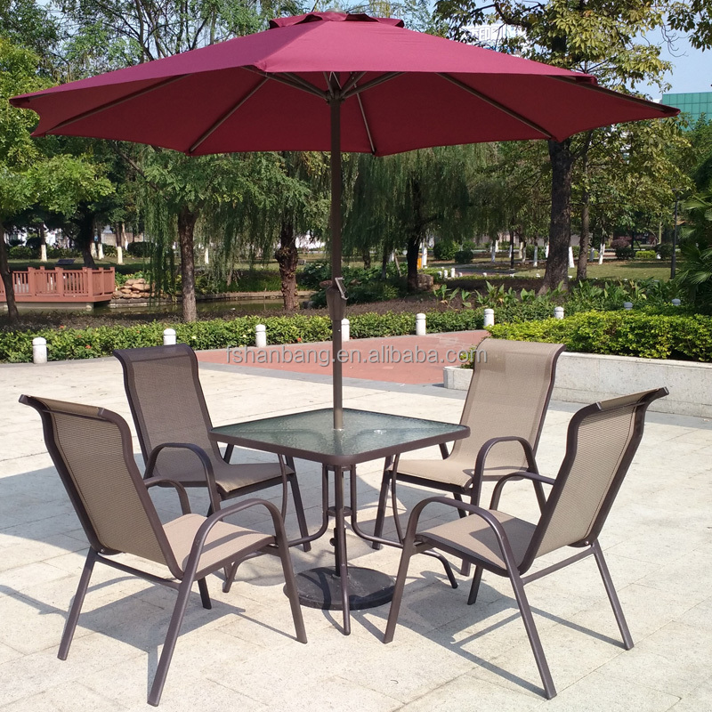 6 piece Outdoor Garden Patio Furniture Glass Aluminum Dining Table Sling Chair Umbrella Set