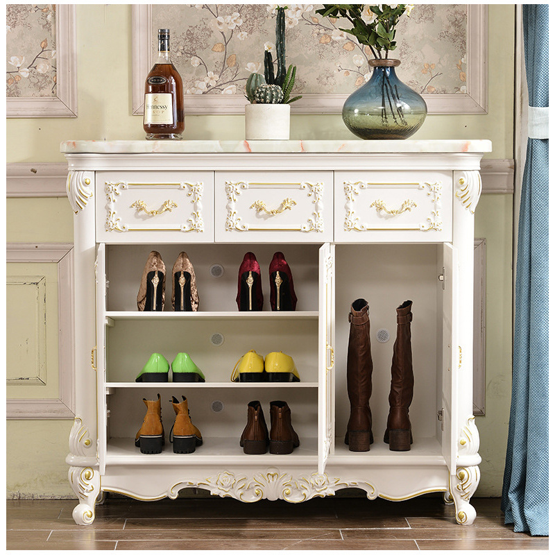 European Style Wooden Shoe Cabinet Gold  White Marble Countertop Wooden Shoe Cabinet Furniture