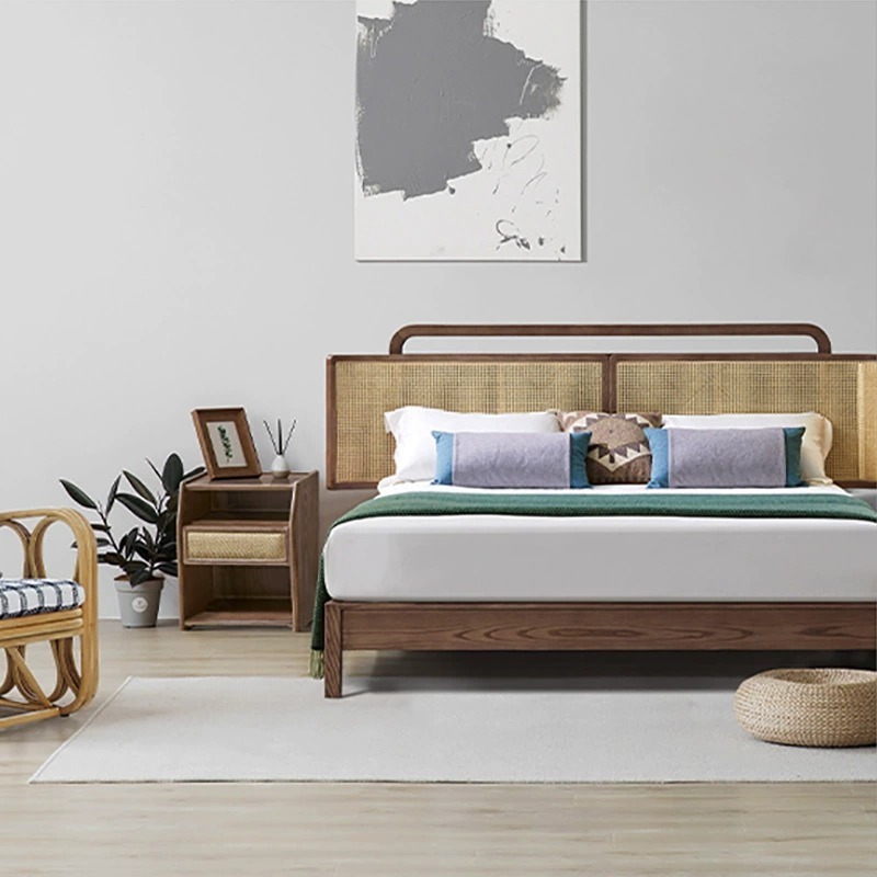 Bedroom New Chinese modern retro style double modern tatami Japanese rattan wabi-Sabi style solid wood bed