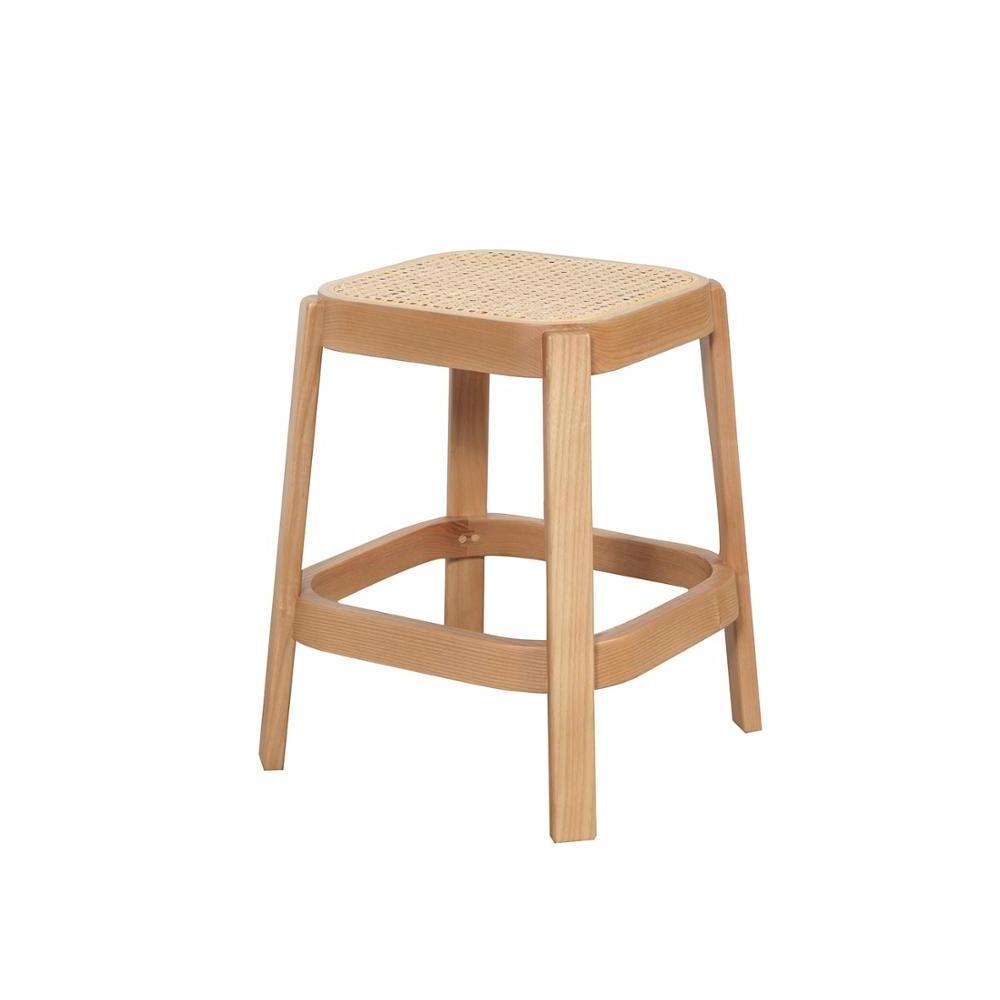 Wooden Cane Low Stool with Ashwood Frame and Weaved Rattan Seat