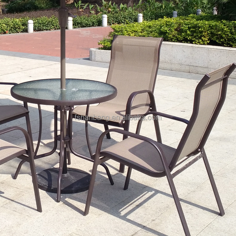 All Weather Proof Coffee Brown 5 piece Outdoor Garden Balcony Aluminum Sling Patio Furniture Round Glass Dining Table Chair Set