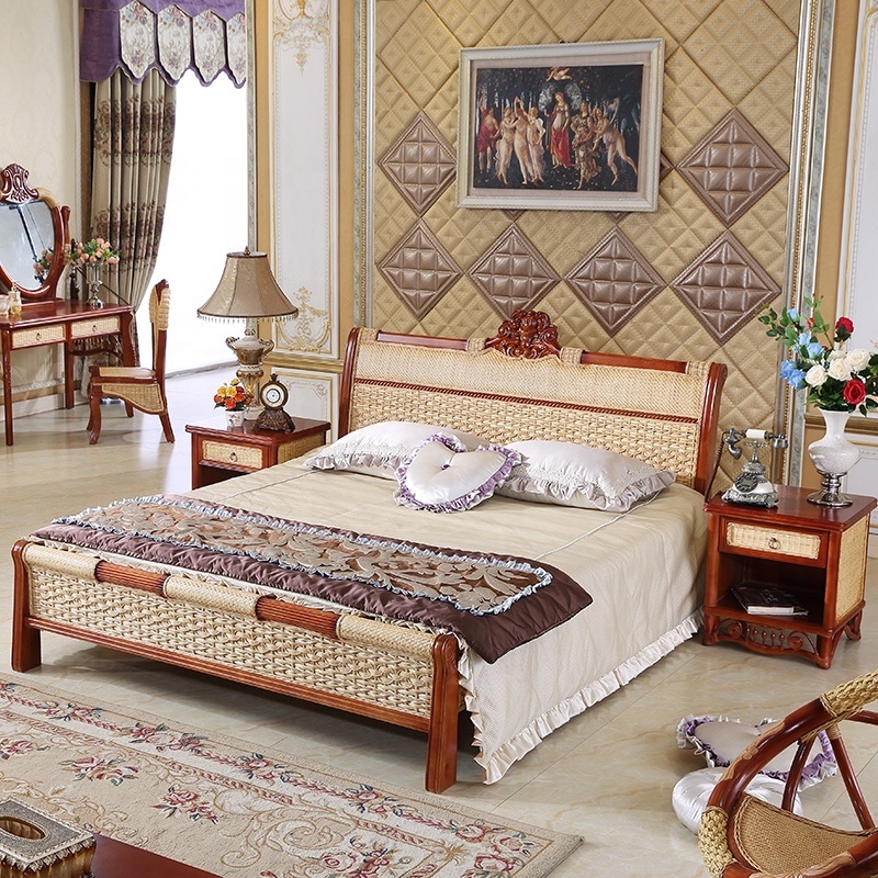 India Bedroom Set  Confortable Cane Wood Furniture Bed With Bed Stand