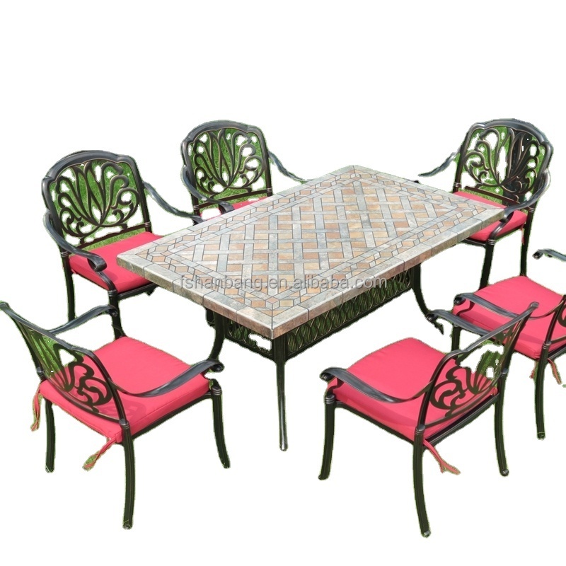 Outdoor Garden Patio Terrace Deck Furniture Set Square Round Marble Mosaic Table Top with Wrought Iron Legs