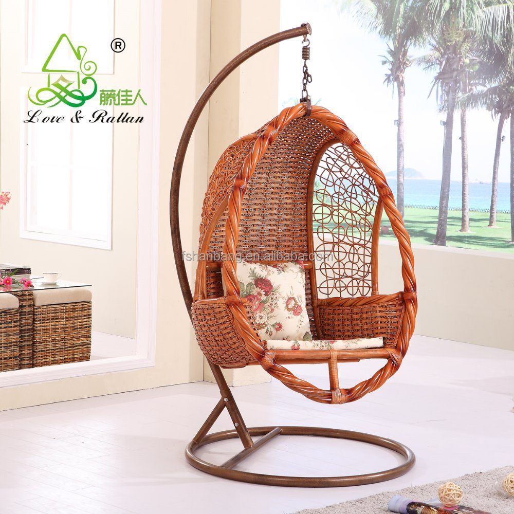 High Quality French Indoor Bamboo Real Natural Rattan Wicker Cane Hanging Swing Chair with Stand