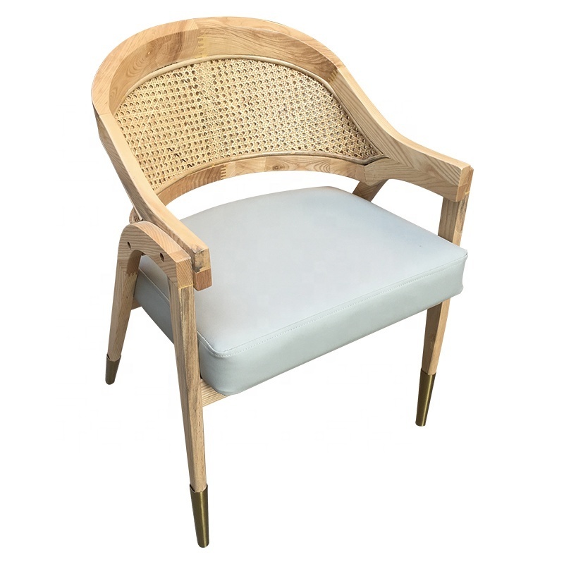 Hotselling Boho Nordic Style Hotel Cafe Gold Colour Steel Legs Wooden Cane Rattan Back Restaurant Dining Chair