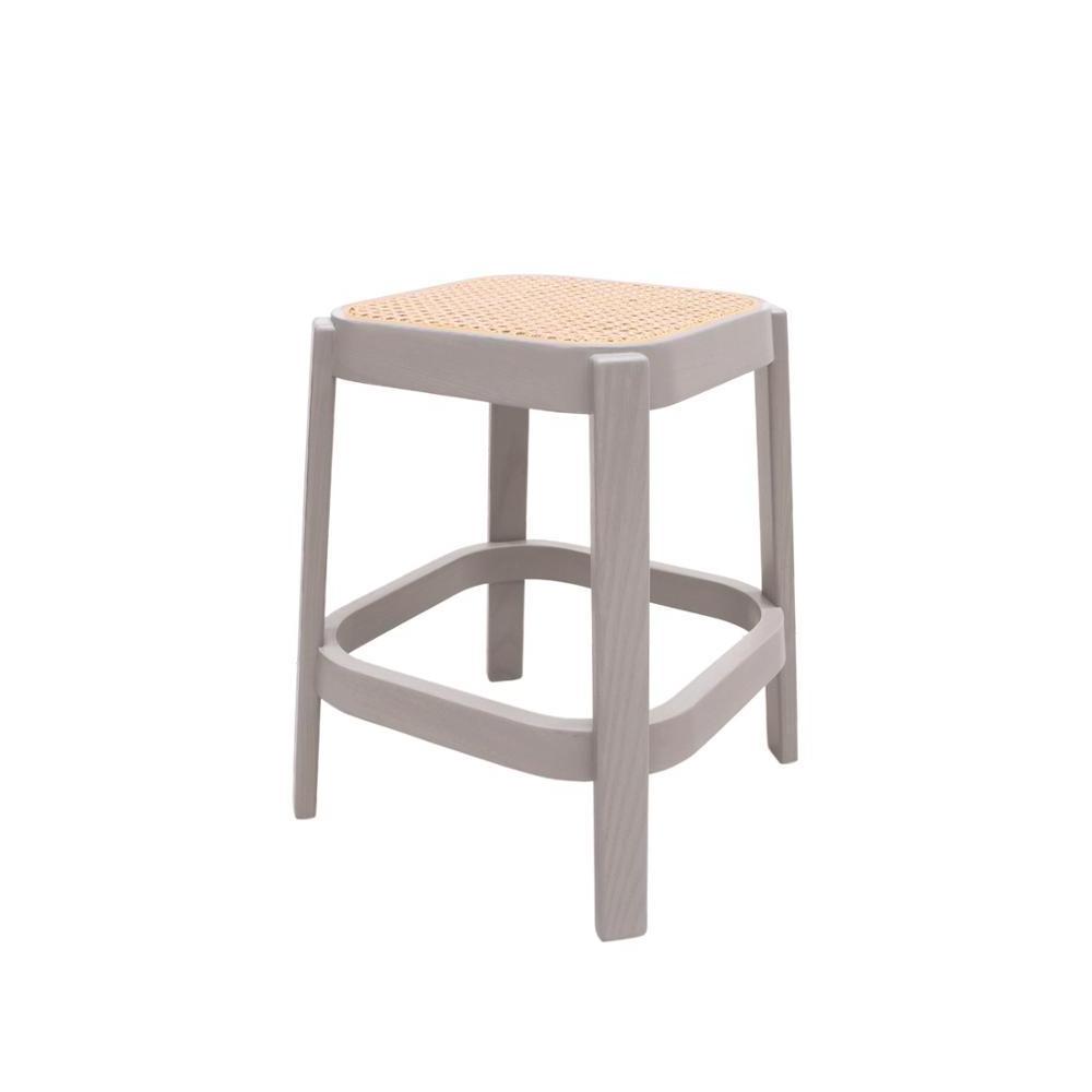 Wooden Cane Low Stool with Ashwood Frame and Weaved Rattan Seat