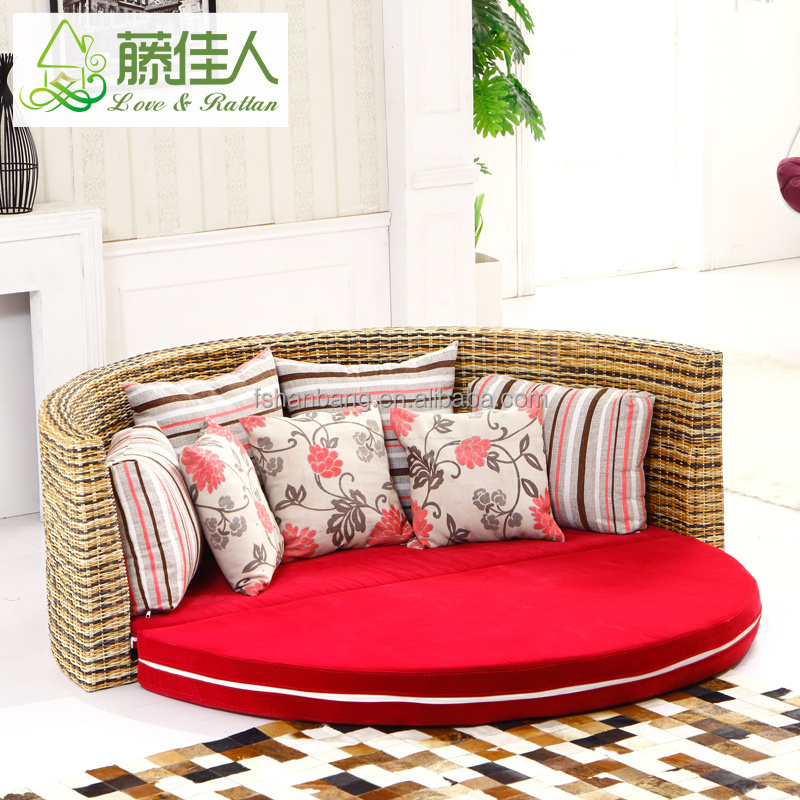 Half Circle Water Hyacinth Natural Rattan Leather Round Sofa Cum Bed