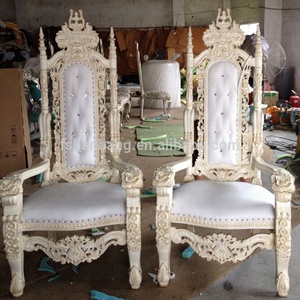 Luxury Reception Carved Wooden Leather Fabric King Queen  Throne Indian Wedding Mandap Chair