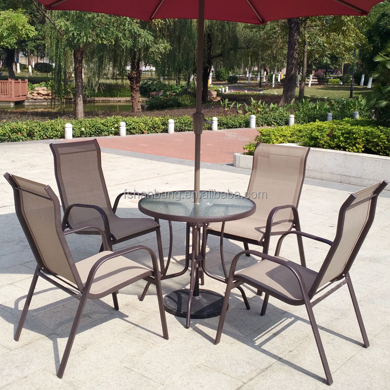 All Weather Proof Coffee Brown 5 piece Outdoor Garden Balcony Aluminum Sling Patio Furniture Round Glass Dining Table Chair Set