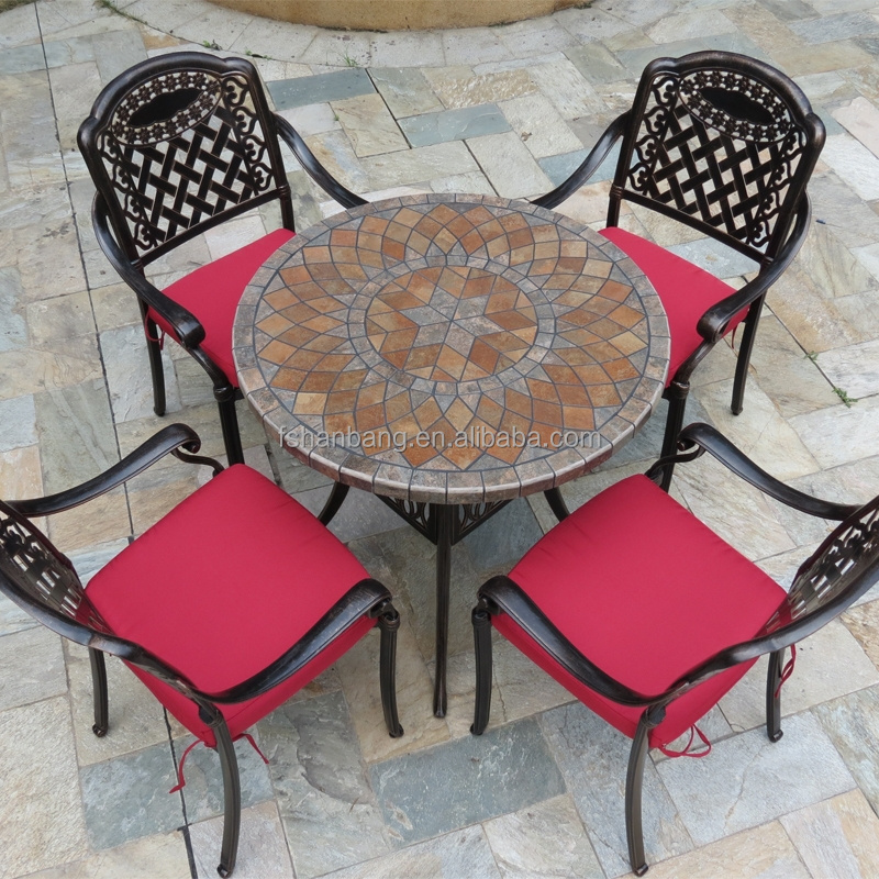 Outdoor Garden Patio Terrace Deck Furniture Set Square Round Marble Mosaic Table Top with Wrought Iron Legs