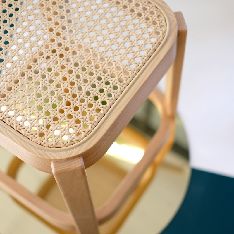 Wooden Cane Low Stool with Ashwood Frame and Weaved Rattan Seat