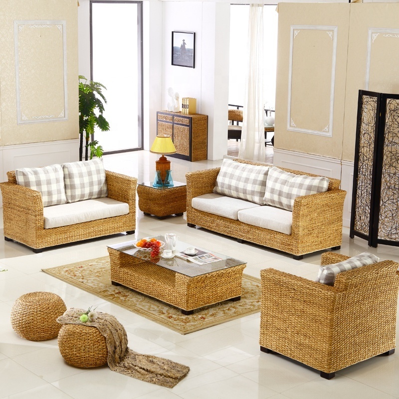 Indoor Sunroom Natural Rattan Seagrass Wicker Conservatory Furniture European Living Room Sets