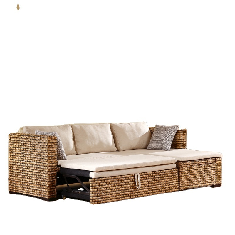 Cum Bed Rattan Wicker Hand Woven Living Room Furniture Set Multipurpose Futon Modern Sectional Sofa European Style Antique