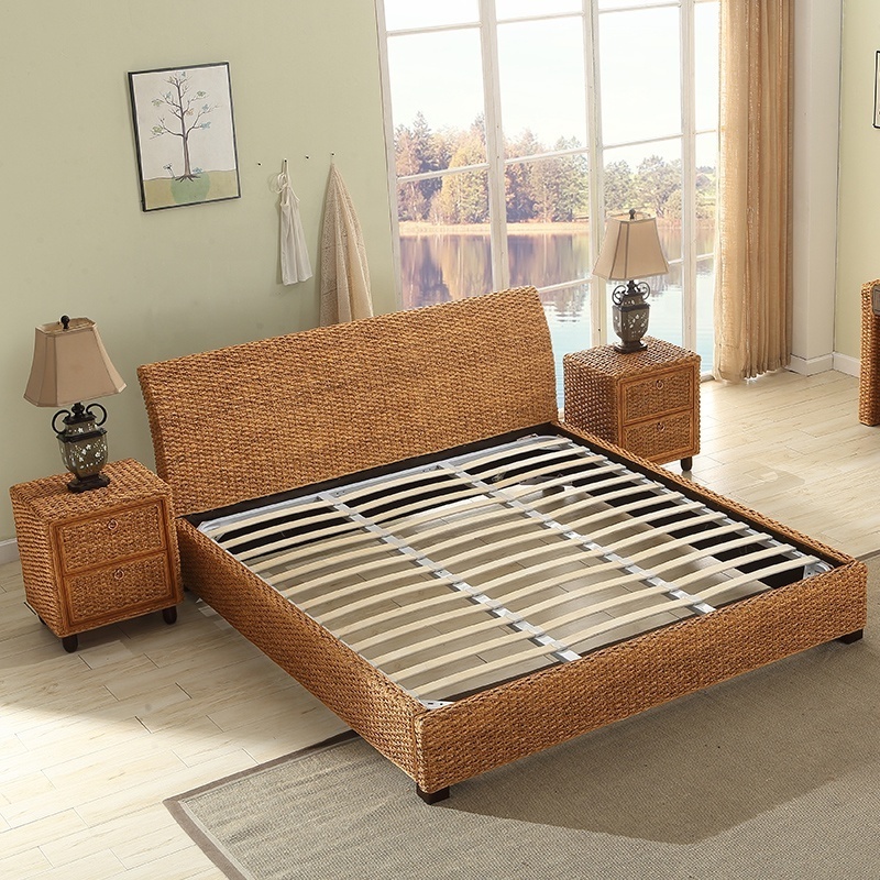 Unique Indoor Design Rattan Seaweed Wicker Bedroom Furniture Queen Size Bed Home Furniture Fabric Headboard High Quality Modern