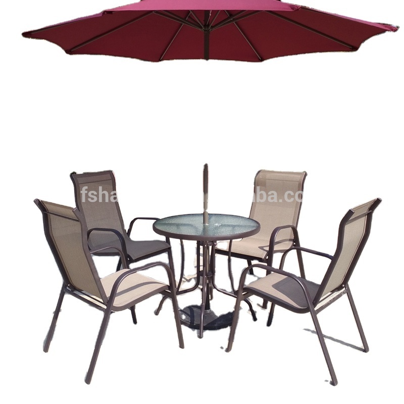 All Weather Proof Coffee Brown 5 piece Outdoor Garden Balcony Aluminum Sling Patio Furniture Round Glass Dining Table Chair Set