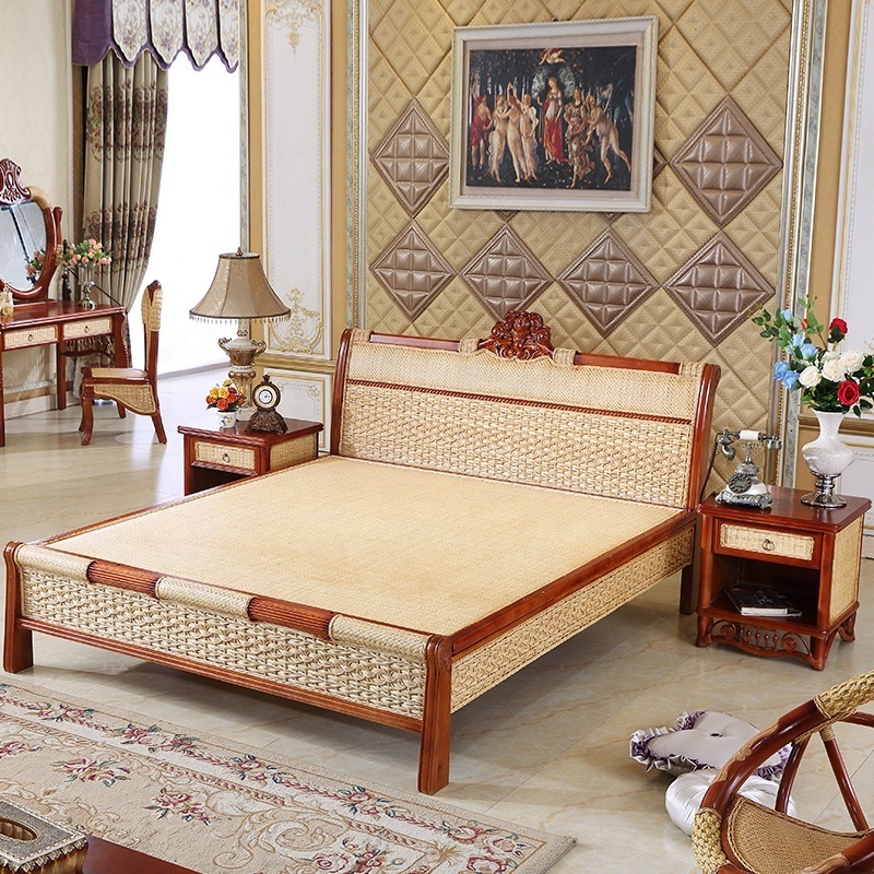 India Bedroom Set  Confortable Cane Wood Furniture Bed With Bed Stand