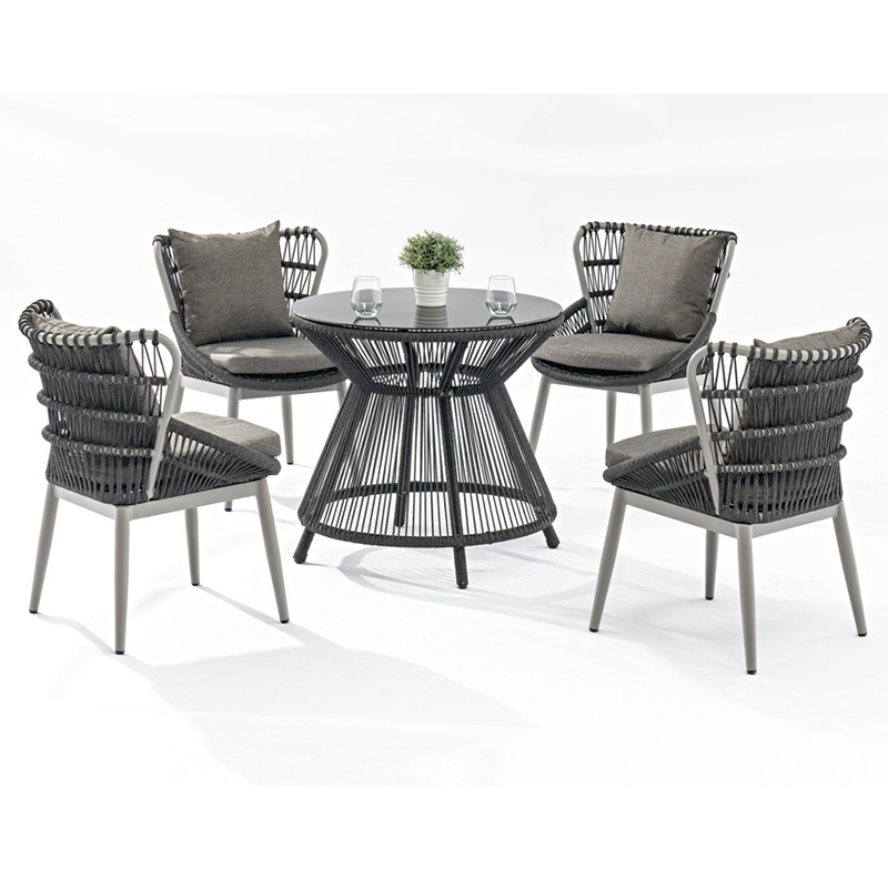 Modern Design Rope Outdoor Furniture Marble or Glass Top Webbing Cords Dining Table And Chairs Set