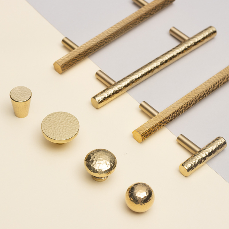 Luxury Style Like hammer hit Rough surface Hexagon round gold color Brass Antioxidant Textured Furniture Handles knurled knobs