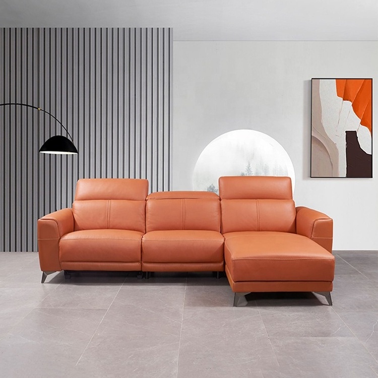 Living room sofas genuine leather recliner sofa orange color functional modern recliner sofa