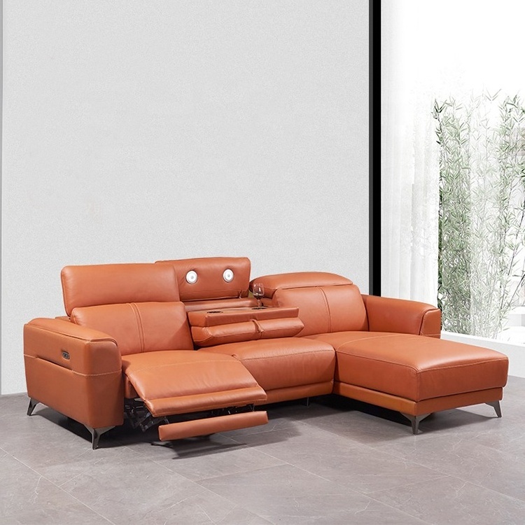 Living room sofas genuine leather recliner sofa orange color functional modern recliner sofa