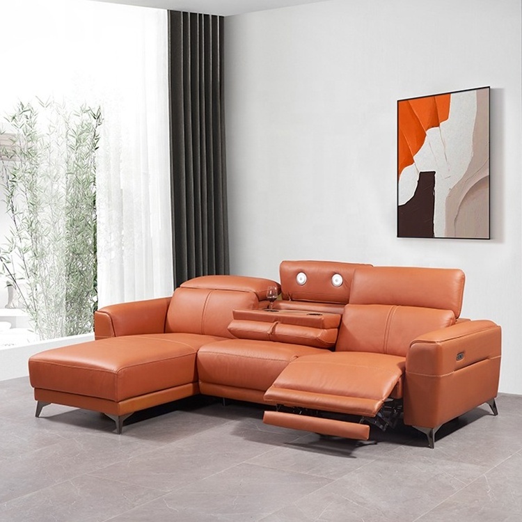 Living room sofas genuine leather recliner sofa orange color functional modern recliner sofa