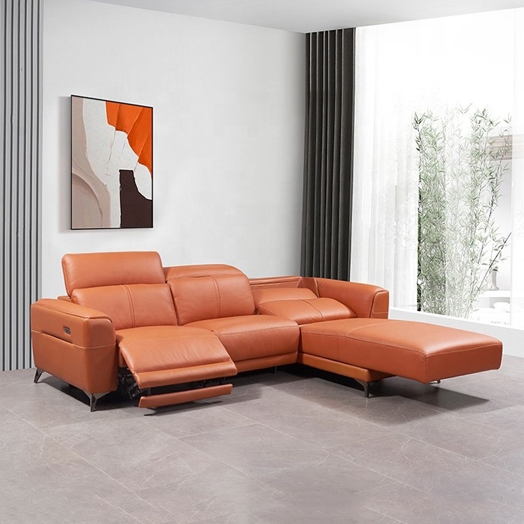 Living room sofas genuine leather recliner sofa orange color functional modern recliner sofa