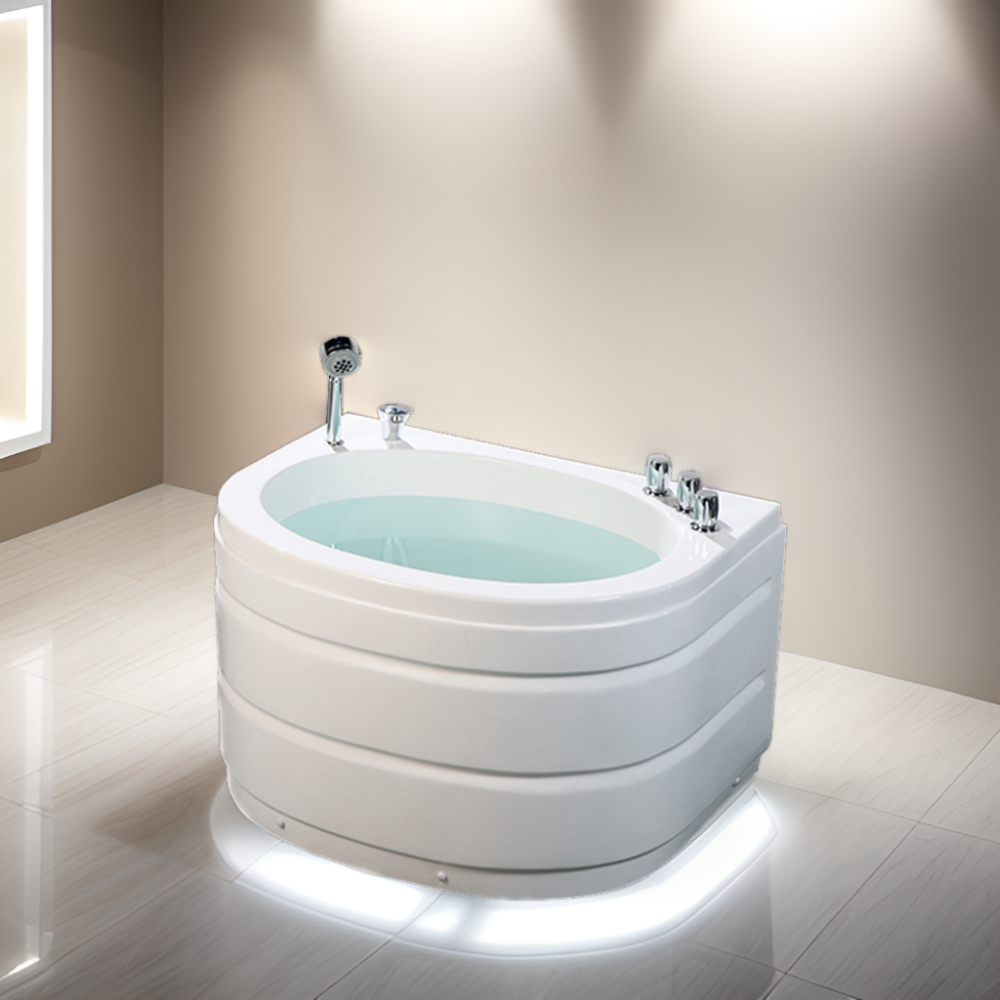 Modern Small Oval Bathtub with Seat Custom Size 1m Acrylic White Soaking Tub with Massage Stainless Steel Drain Apron Hotels