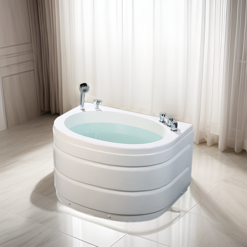 Modern Small Oval Bathtub with Seat Custom Size 1m Acrylic White Soaking Tub with Massage Stainless Steel Drain Apron Hotels