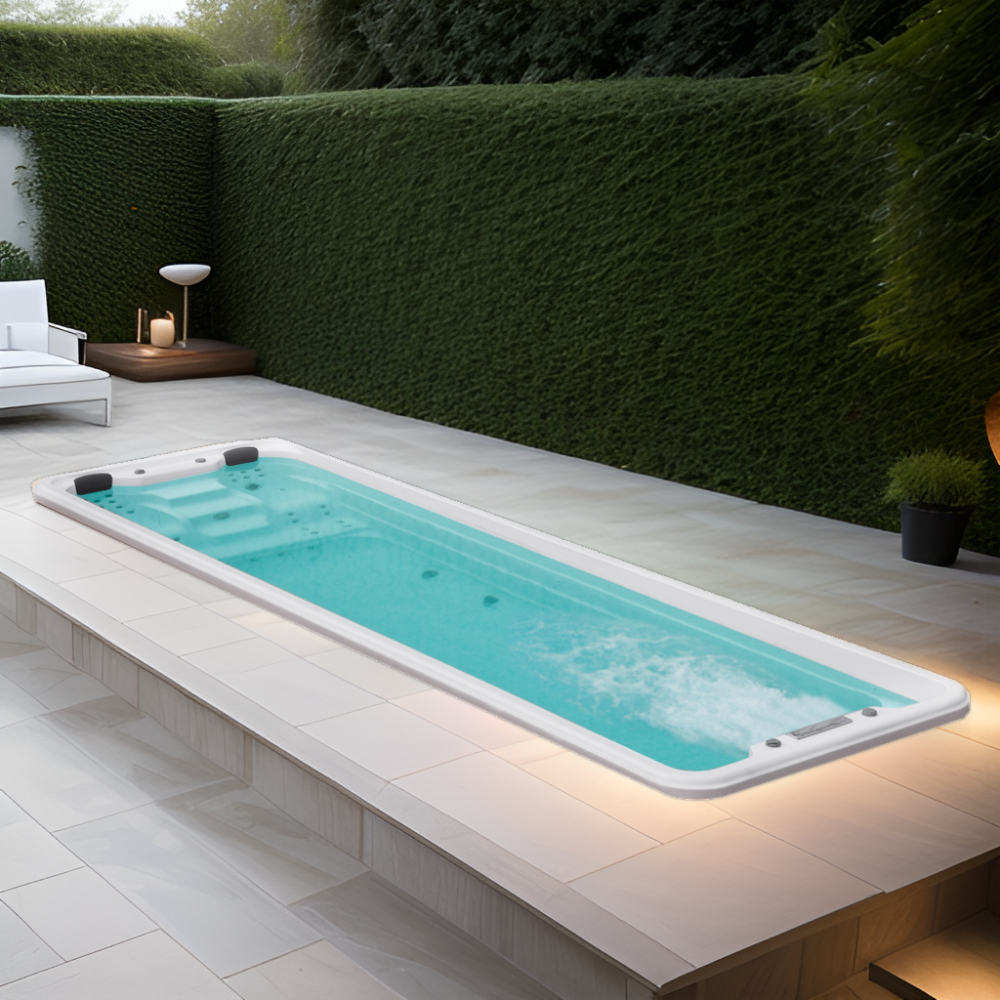 Modern White Outdoor Hot Tub Spa with Balboa Endless Swim CE Certified Drop-In Embedded Design Includes Faucet for Bathtub Use