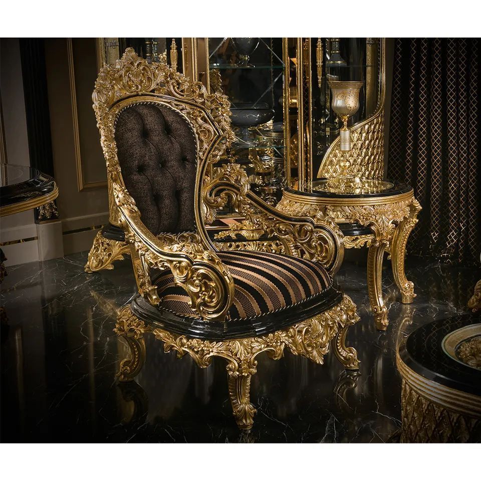 Turkish Luxury Antique Traditional Black Gold African Classical Baroque Royal Hand Carved Sofa Set Living Room Furniture Set