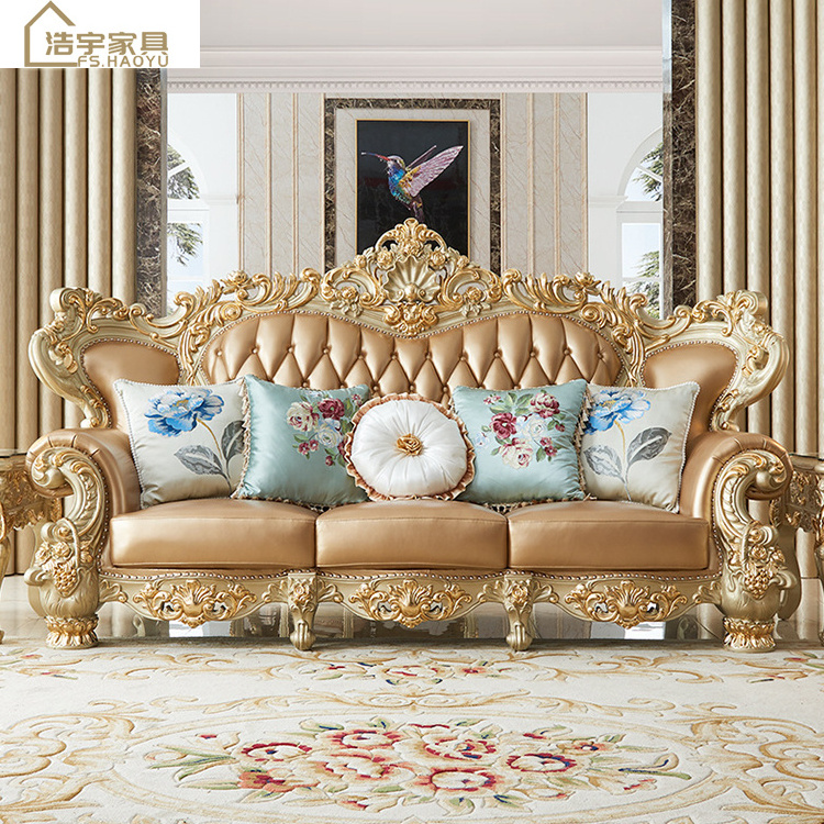 four seat luxury tufted European style villa sofa set,antique wooden sofa set furniture,high quality living room leather sofa