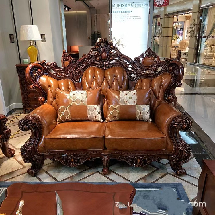 European-style genuine leather sofa set sofa wood carving living room furniture classic sofa set for home luxury