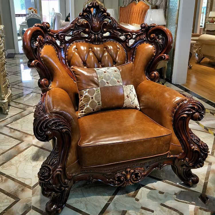 European-style genuine leather sofa set sofa wood carving living room furniture classic sofa set for home luxury