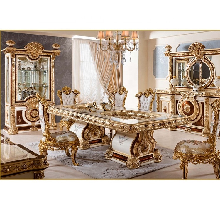 European royal dining table set 6 seater luxury dining table solid wooden table and chair French dining room furniture