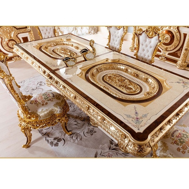 European royal dining table set 6 seater luxury dining table solid wooden table and chair French dining room furniture