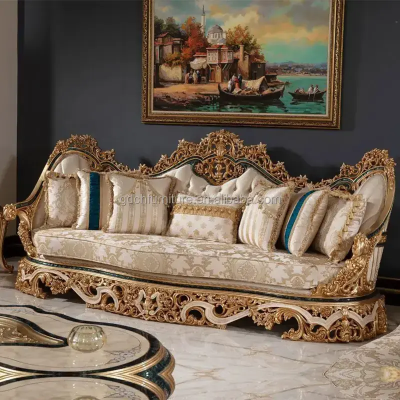 European Style Living Room Furniture Luxury Hand Carved Sofa Royal French Furniture Fabric Sofa Set