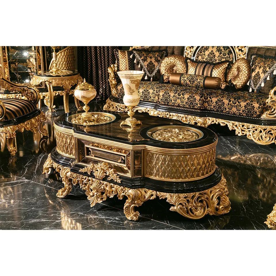 Turkish Luxury Antique Traditional Black Gold African Classical Baroque Royal Hand Carved Sofa Set Living Room Furniture Set