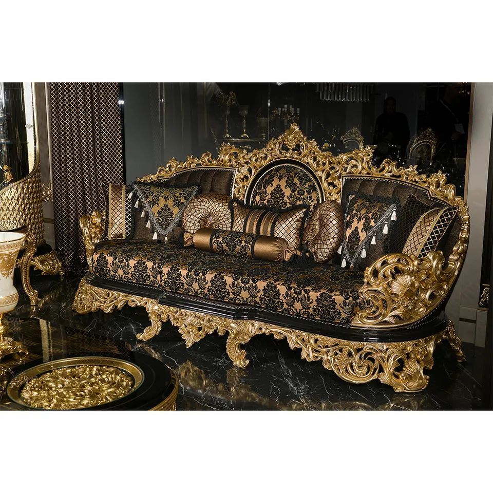 Turkish Luxury Antique Traditional Black Gold African Classical Baroque Royal Hand Carved Sofa Set Living Room Furniture Set