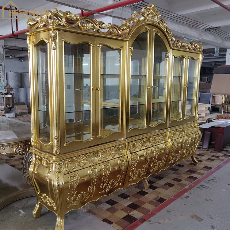 Luxury Wooden Shiny Gold Foil 6 Door Wine Display Cabinet, Royal Living Room Cabinets Antique Solid Wood Oak Traditional