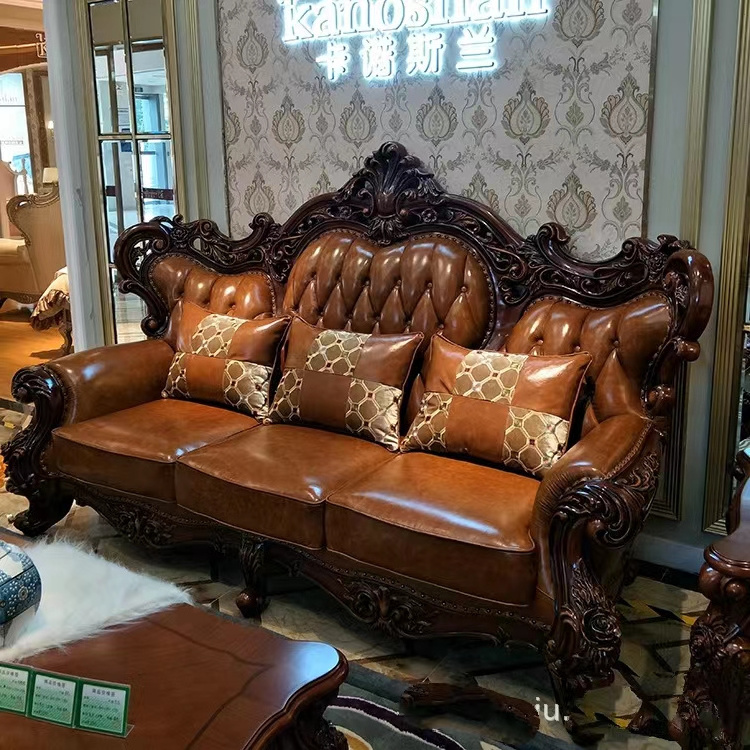 European-style genuine leather sofa set sofa wood carving living room furniture classic sofa set for home luxury