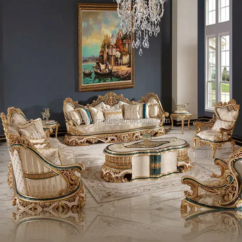 European Style Living Room Furniture Luxury Hand Carved Sofa Royal French Furniture Fabric Sofa Set