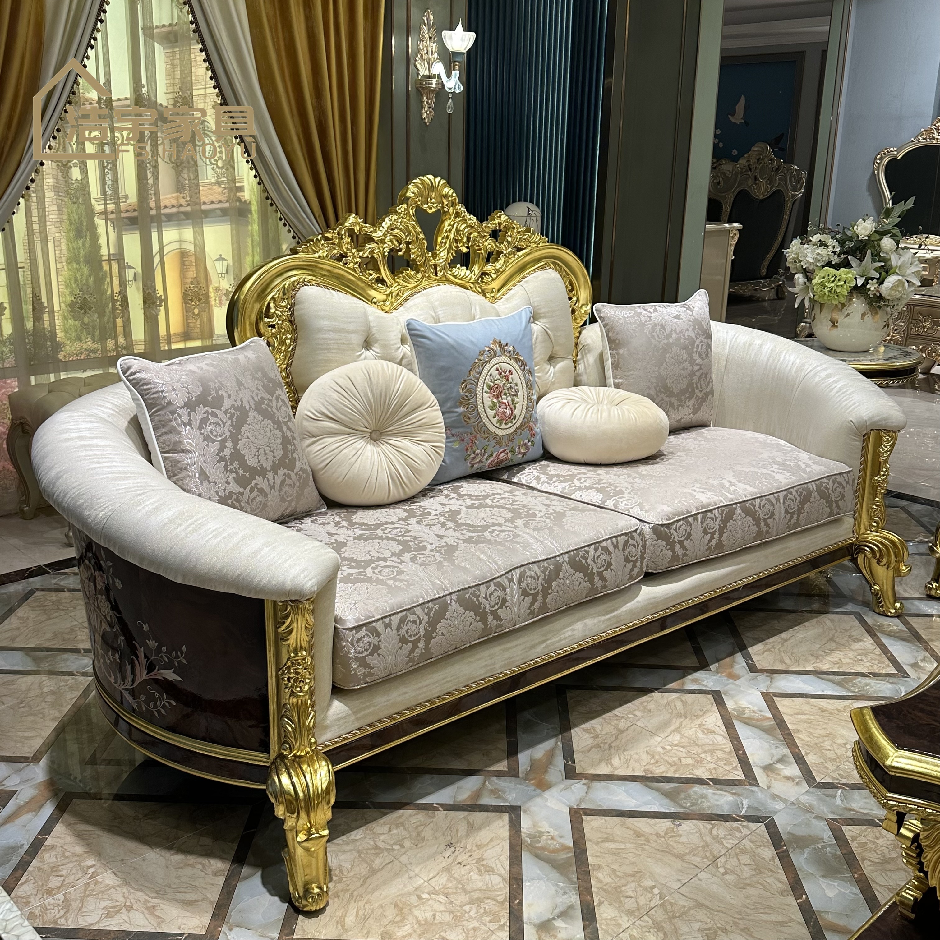 French style royal vintage classic sofa furniture luxury carved solid wood sofa set arabian royal furniture sofa set