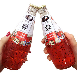 Factory soft drinks glass bottle Sweet beverage fruit juice basil seed drinks for sale