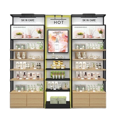 New Style Beauty Shop Iron Wood Display Rack Shelf Cosmetic Skin Care Product Display Stand Cabinet