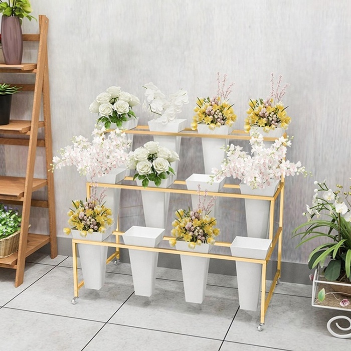 Hot Sale Flower Store Plant Pots Artificial Decorative Flower Bucket Vases Metal Display Rack Stand Holder