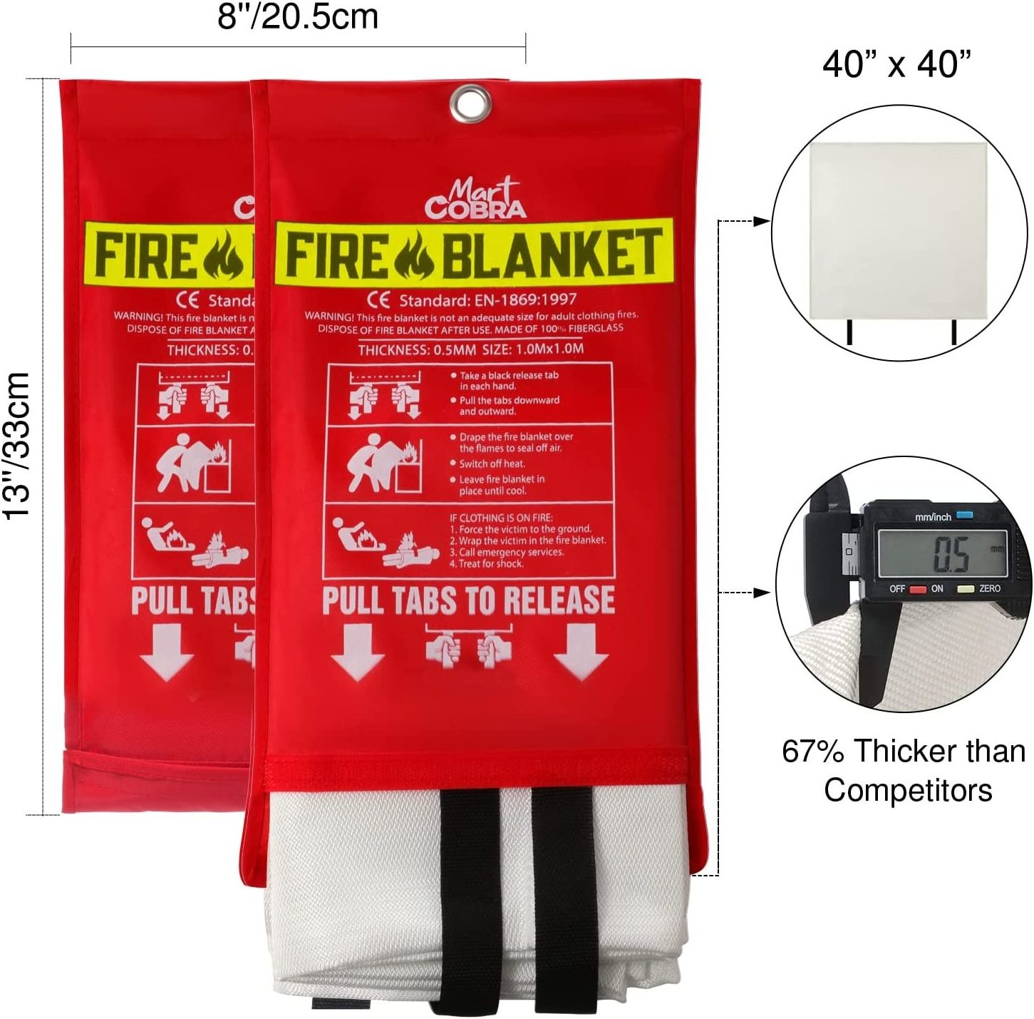 Emergency Fire Blanket - 2 Pack - Fire Suppression Blanket for Kitchen, 40 x 40 Fire Blanket for Home, Fiberglass Fire Blanket