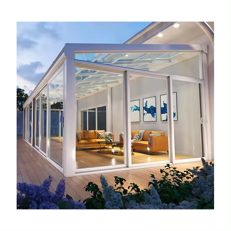 Green Sunroom Enclosure Kit Double Tempered Double Glazed Lowe Hollow Sound Waterproof Glass Aluminum Alloy Slant Roof Sun Room