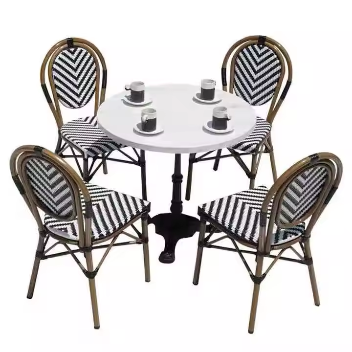 Factory Outlet 4+1 French Style UV Water Resistant PE Rattan Furniture Set Hand Knitting Wicker for Restaurant Dining Outdoor