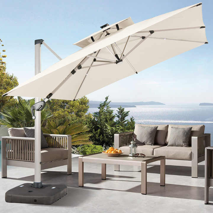 Outdoor garden 102mm Aluminum Pole Roma patio parasol sun power Patio Umbrella with solar lights