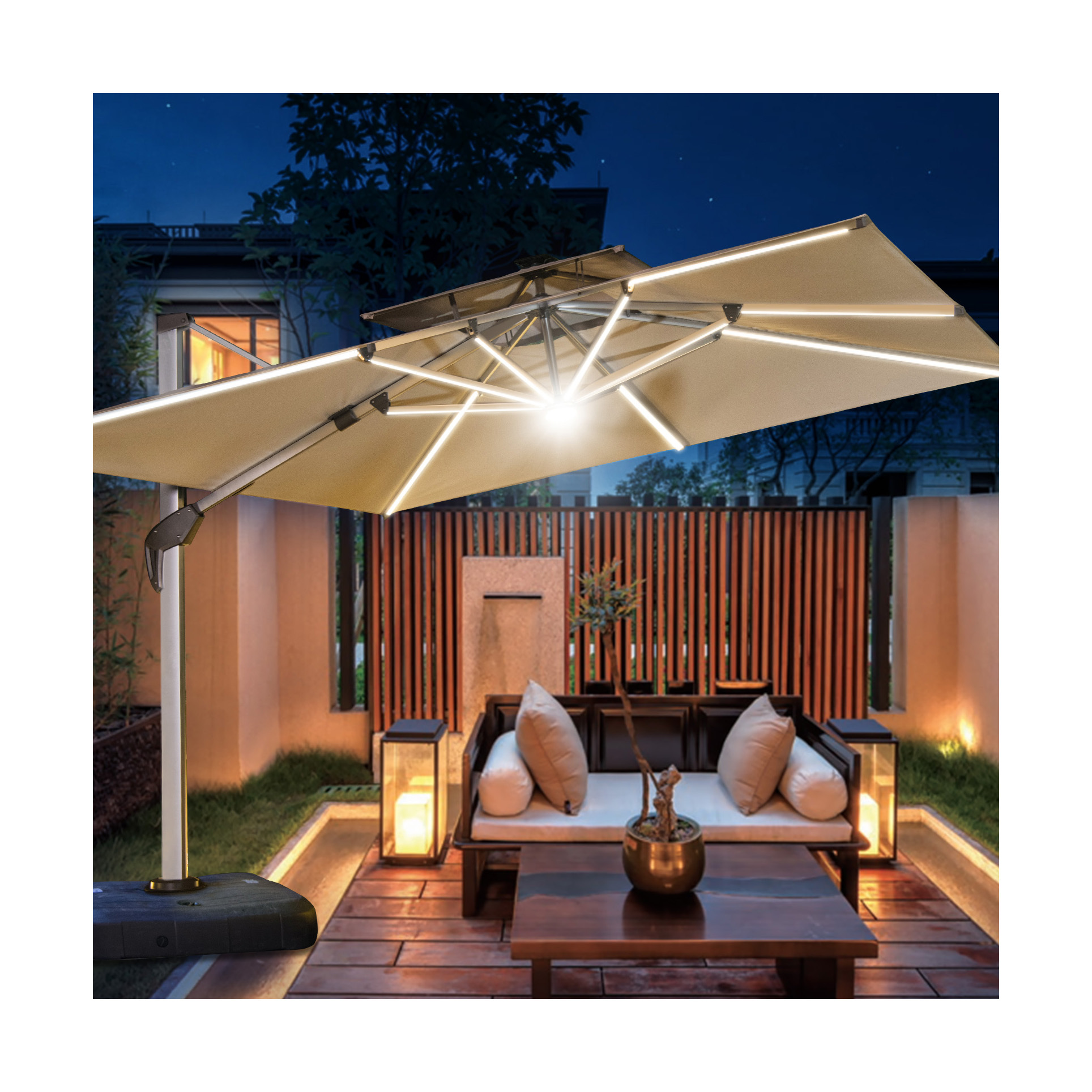 [HUAHONG]Scorpio Parasol Garden Outdoor Umbrella Led Solar Panel Aluminum Cantilever Umbrella with Light